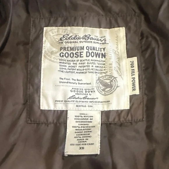 Eddie Bauer Brown goose down Quilted Puffer Jacket w zipper & pockets buttons - Picture 10 of 16